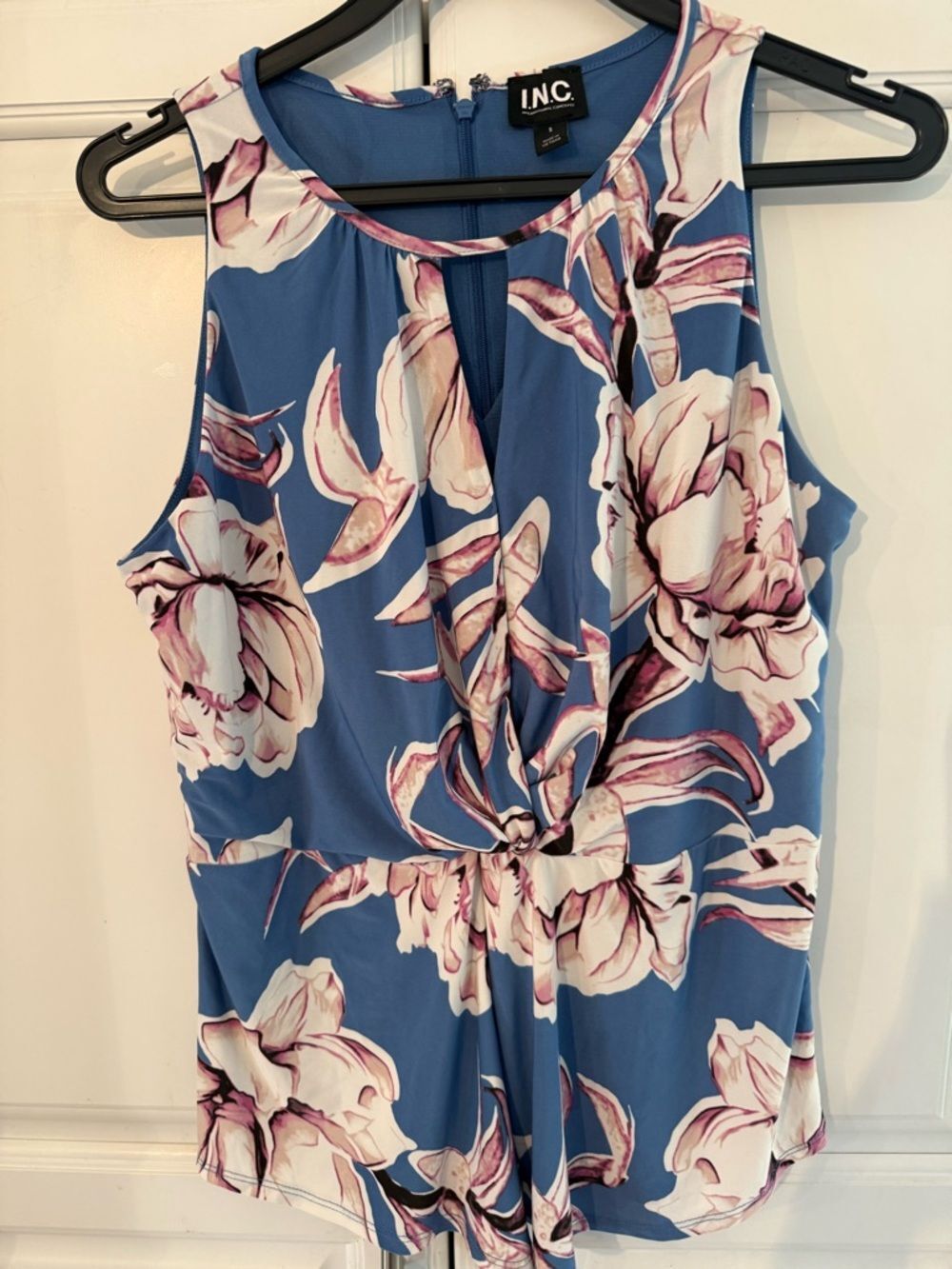 I.N.C. Floral Sleeveless Blue Knot Front Romper S